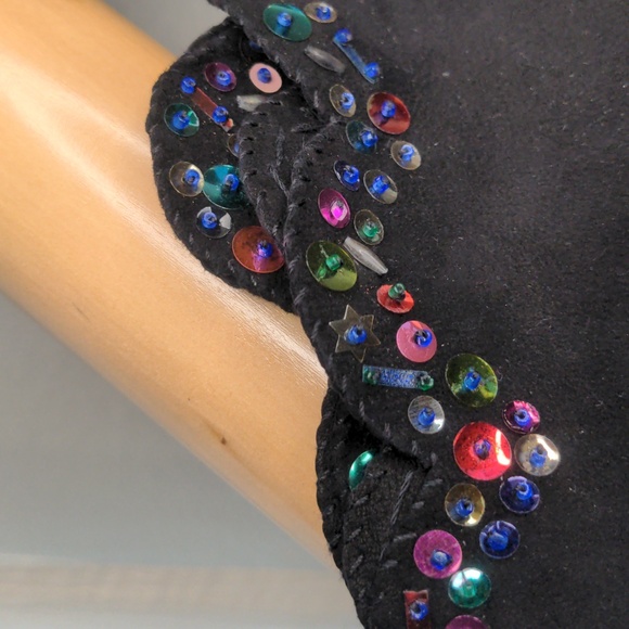 Black Suede Gloves Arm Sleeves Gauntlet Sequined Elegant 4pc Set Vintage SZ S - Picture 4 of 15